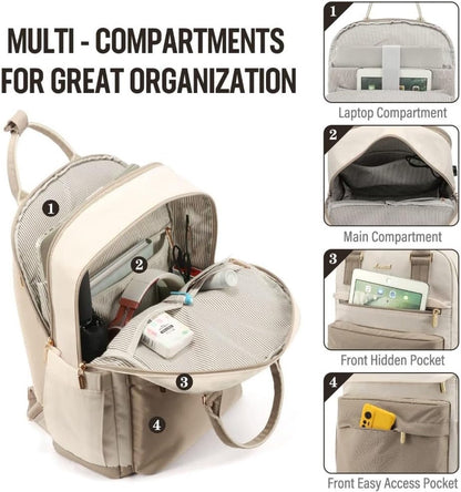 Backpack - Backpack - Ladies - Girls - Women - Laptop - Schoolbag - Work - School - Waterproof - USB - Beige V1188-MS-313-0103