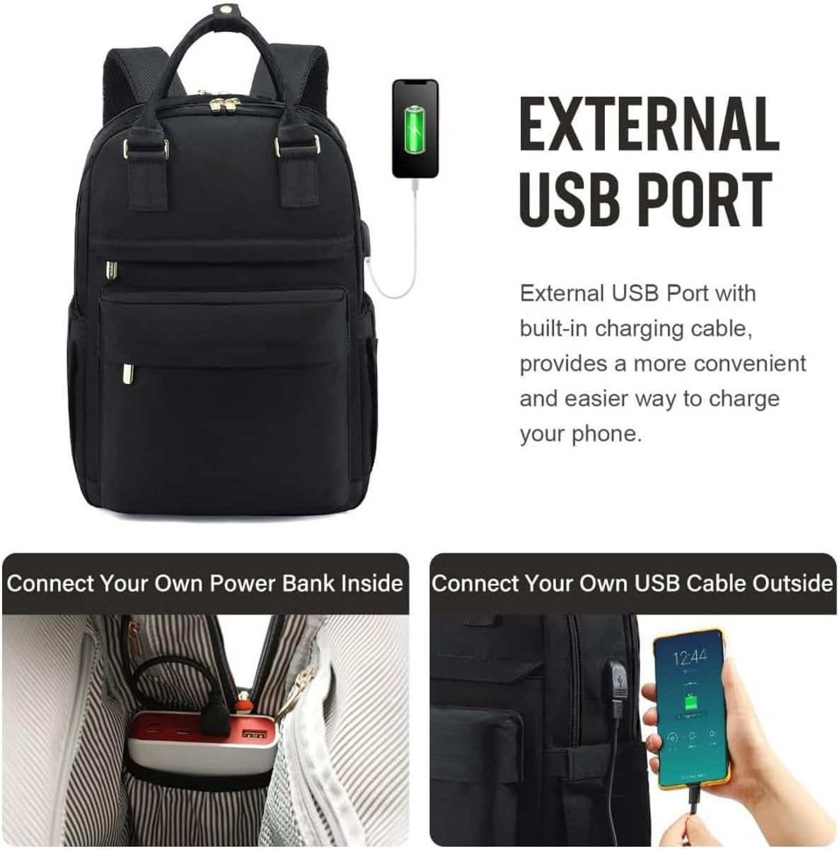 Backpack - Backpack - Ladies - Girls - Women - Laptop - Schoolbag - Work - School - Waterproof - USB - Black V1188-MS-313-0104