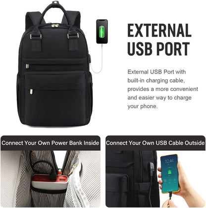 Backpack - Backpack - Ladies - Girls - Women - Laptop - Schoolbag - Work - School - Waterproof - USB - Black V1188-MS-313-0104