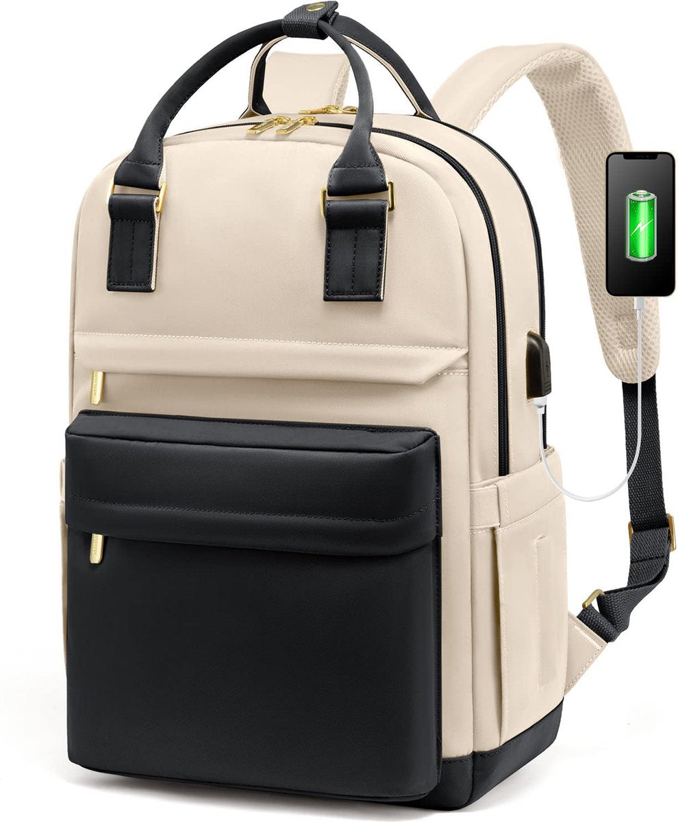 Backpack - Backpack - Ladies - Girls - Women - Laptop - Schoolbag - Work - School - Waterproof - USB - Beige V1188-MS-313-0106