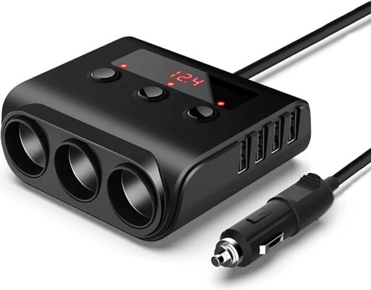 Car cigarette lighter splitter with 12V/24V voltmeter - 4x 5V/3.1A USB inputs - 3 cigarette lighter sockets - V1188-MS-313-0108