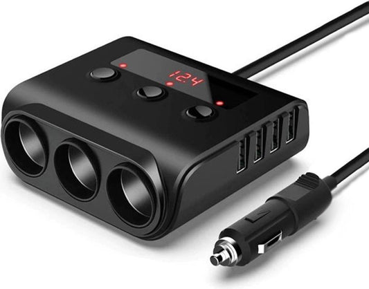 Car cigarette lighter splitter with 12V/24V voltmeter - 4x 5V/3.1A USB inputs - 3 cigarette lighter sockets - V1188-MS-313-0108