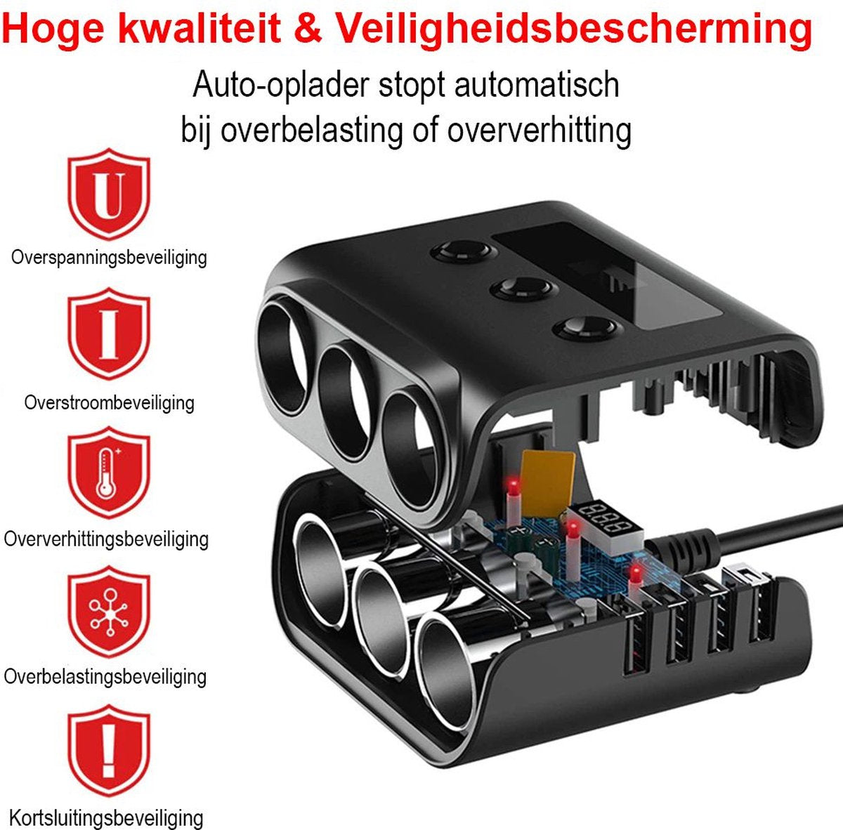 Car cigarette lighter splitter with 12V/24V voltmeter - 4x 5V/3.1A USB inputs - 3 cigarette lighter sockets - V1188-MS-313-0108