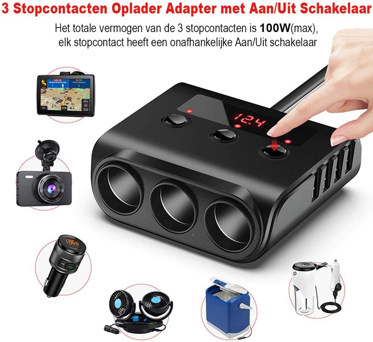 Car cigarette lighter splitter with 12V/24V voltmeter - 4x 5V/3.1A USB inputs - 3 cigarette lighter sockets - V1188-MS-313-0108