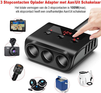 Car cigarette lighter splitter with 12V/24V voltmeter - 4x 5V/3.1A USB inputs - 3 cigarette lighter sockets - V1188-MS-313-0108