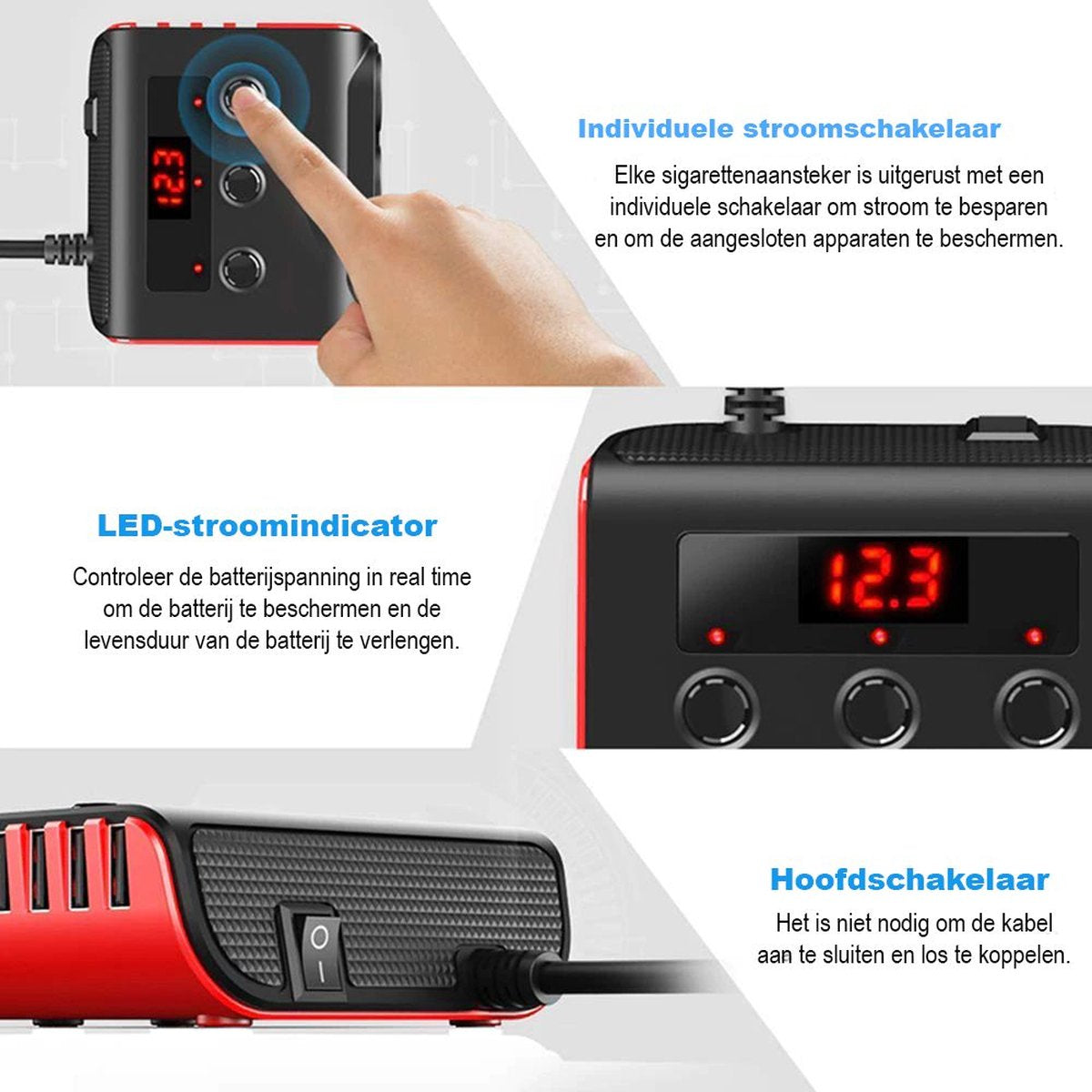 Car cigarette lighter splitter with 12V/24V voltmeter - 4x 5V/3.1A USB inputs - 3 cigarette lighter sockets - V1188-MS-313-0108