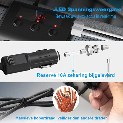 Car cigarette lighter splitter with 12V/24V voltmeter - 4x 5V/3.1A USB inputs - 3 cigarette lighter sockets - V1188-MS-313-0108