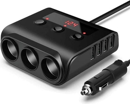 Car cigarette lighter splitter with 12V/24V voltmeter - 4x 5V/3.1A USB inputs - 3 cigarette lighter sockets - V1188-MS-313-0108