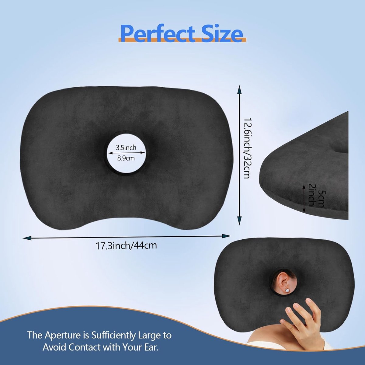 Curved side pillow - Ear holes - Adjustable cotton/polyester - Machine washable - Suitable for pierced ears - V1188-MS-313-0136
