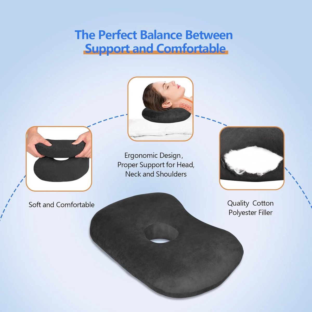 Curved side pillow - Ear holes - Adjustable cotton/polyester - Machine washable - Suitable for pierced ears - V1188-MS-313-0136