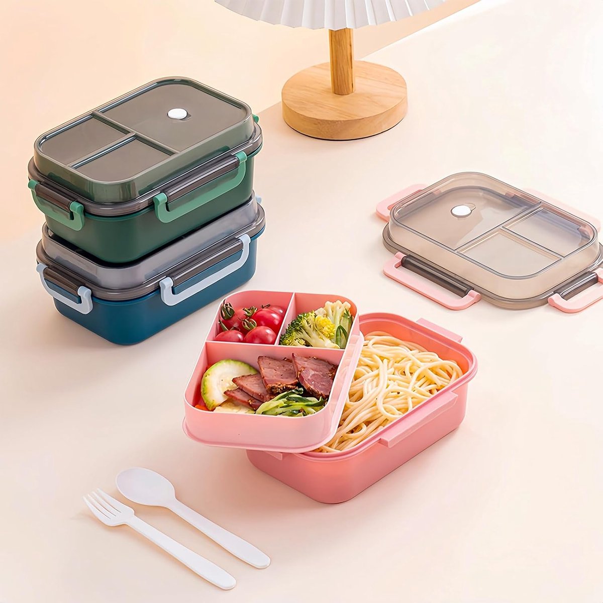 Lunch box with compartments, all-in-one double-layer lunch box, leakproof lunch box with cutlery for work, V1188-MS-313-0218