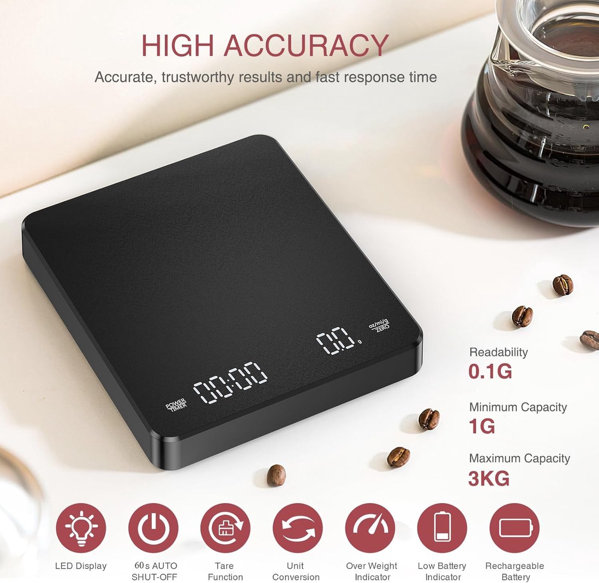 Coffee Scale - Digital Coffee Scale with Timer - Rechargeable for Filter Coffee, 3 kg / 0 g Digital Espresso V1188-MS-313-0244