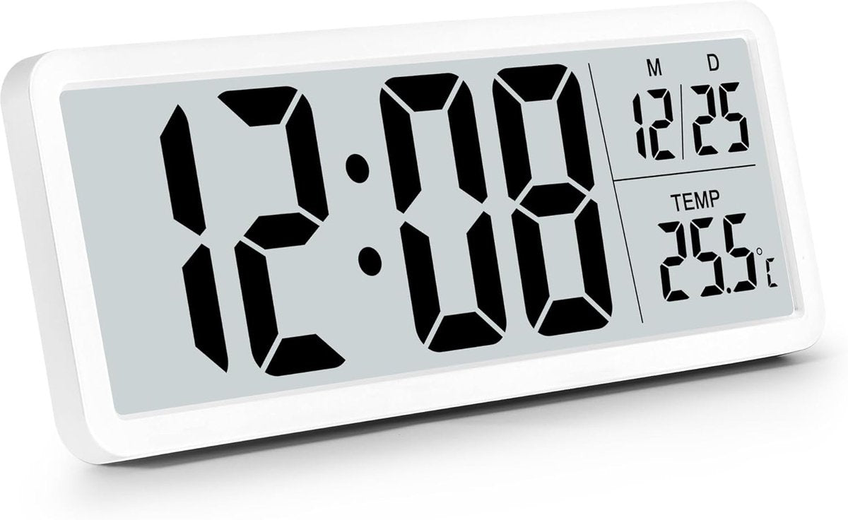 Battery-operated digital wall clock with large numbers, temperature display, 12/24 hour format for office, V1188-MS-313-0286