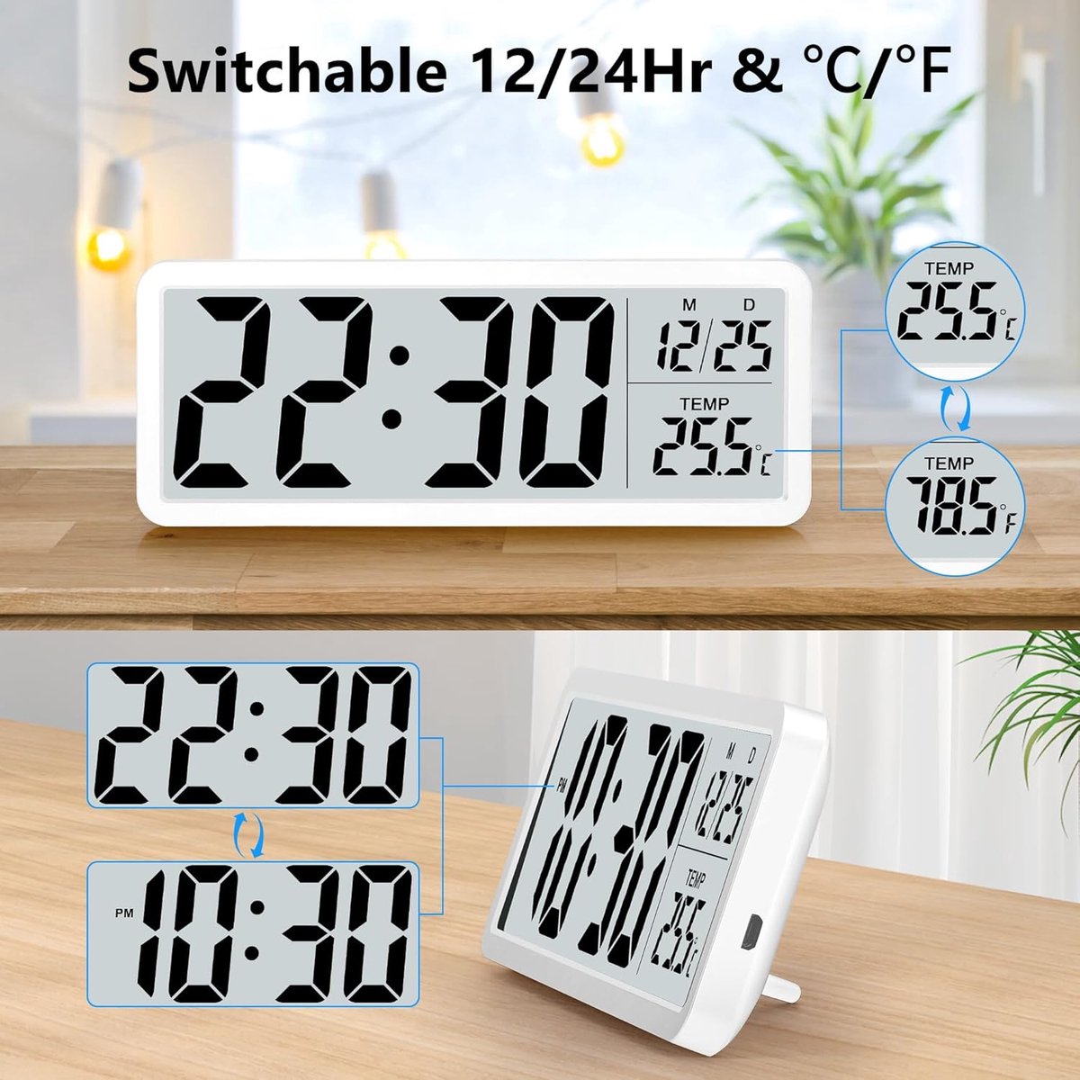 Battery-operated digital wall clock with large numbers, temperature display, 12/24 hour format for office, V1188-MS-313-0286