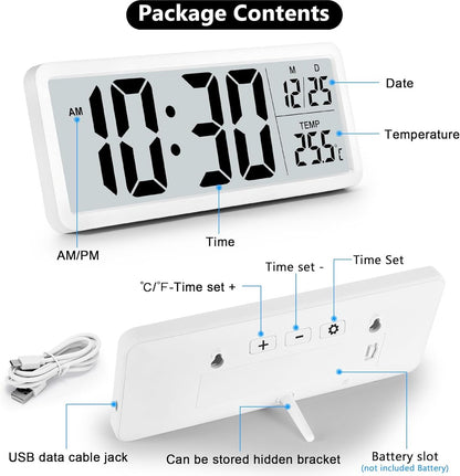 Battery-operated digital wall clock with large numbers, temperature display, 12/24 hour format for office, V1188-MS-313-0286