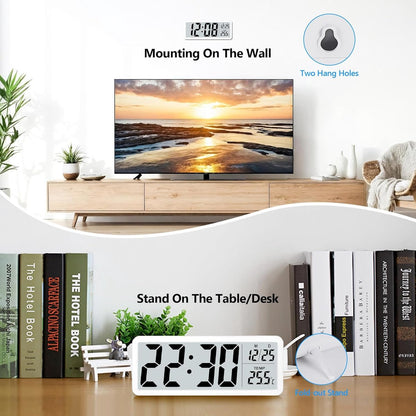 Battery-operated digital wall clock with large numbers, temperature display, 12/24 hour format for office, V1188-MS-313-0286