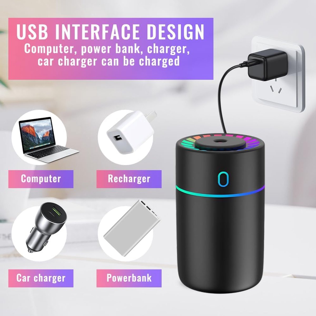 Car air freshener with colored lights and USB connection - 2 settings, automatic shut-off - for car, office, V1188-MS-313-0288