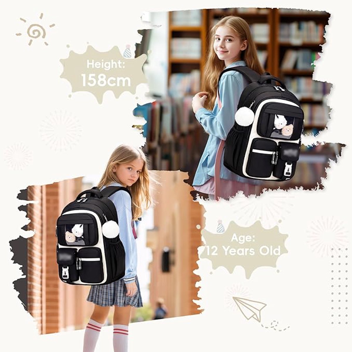 Girls' Backpack, Breathable Backpack for Girls, Grades 1-5, Casual School Bag for Kids, Elementary School, V1188-MS-313-0295
