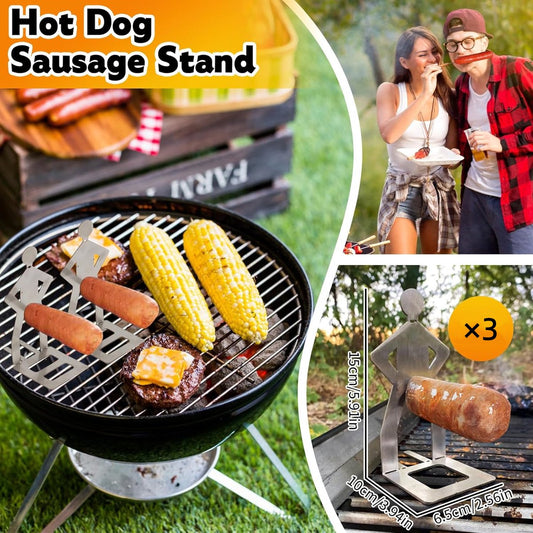 BBQ Stainless Steel Sausage Holder, 3 Pieces, Portable Standing Man Stand, Fun Fork for Camping, Picnic, V1188-MS-313-0299