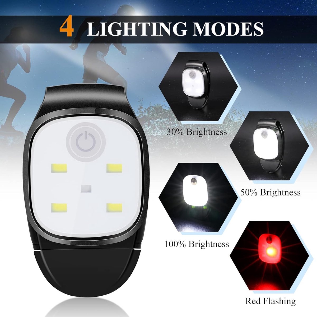 Clip-on outdoor running light, LED flashlight, USB rechargeable, reflective plastic safety light, accessory V1188-MS-313-0347
