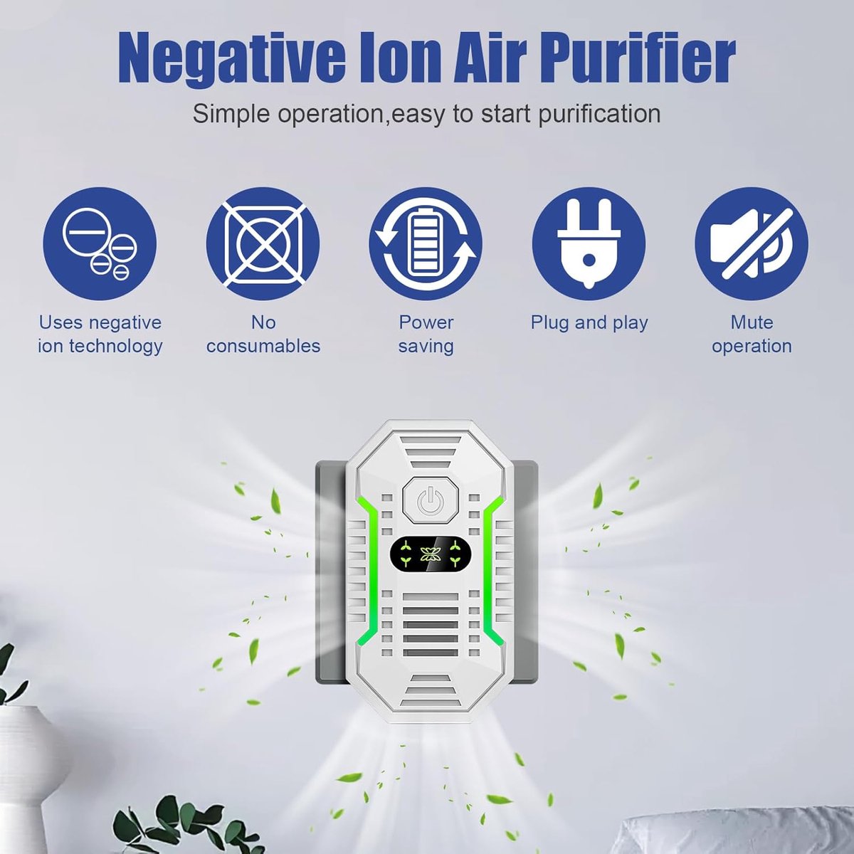 Air purifier - Plug-in negative ion air purifier - Home air purifier - Deodorizer - Ionizer - For pets, V1188-MS-313-0350