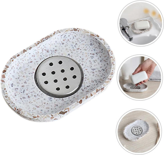Terrazzo soap dish with stainless steel drainer, beige, natural stone, beige for bathroom, sink and kitchen - V1188-MS-313-0362