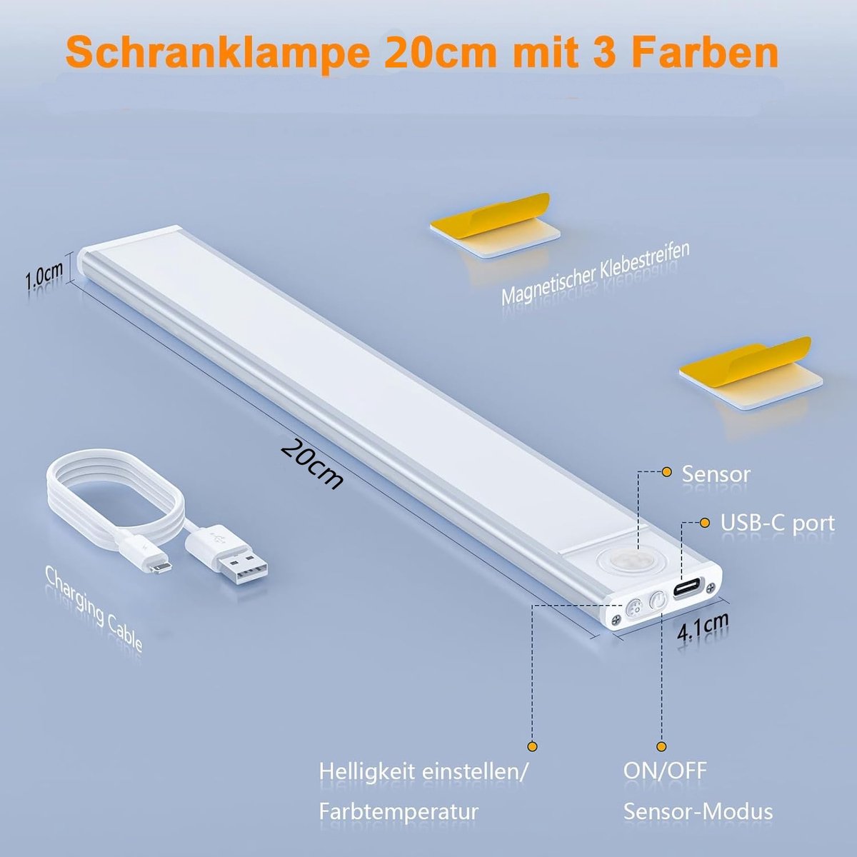 20cm LED Under Cabinet Lighting with Motion Detector - Rechargeable - 3 Colour Temperatures and Infinite V1188-MS-313-0369