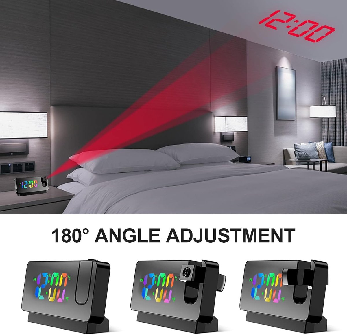 Wekker projection alarm clock, LED mirror alarm clock, alarm clock with projection function, projection clock V1188-MS-313-0370