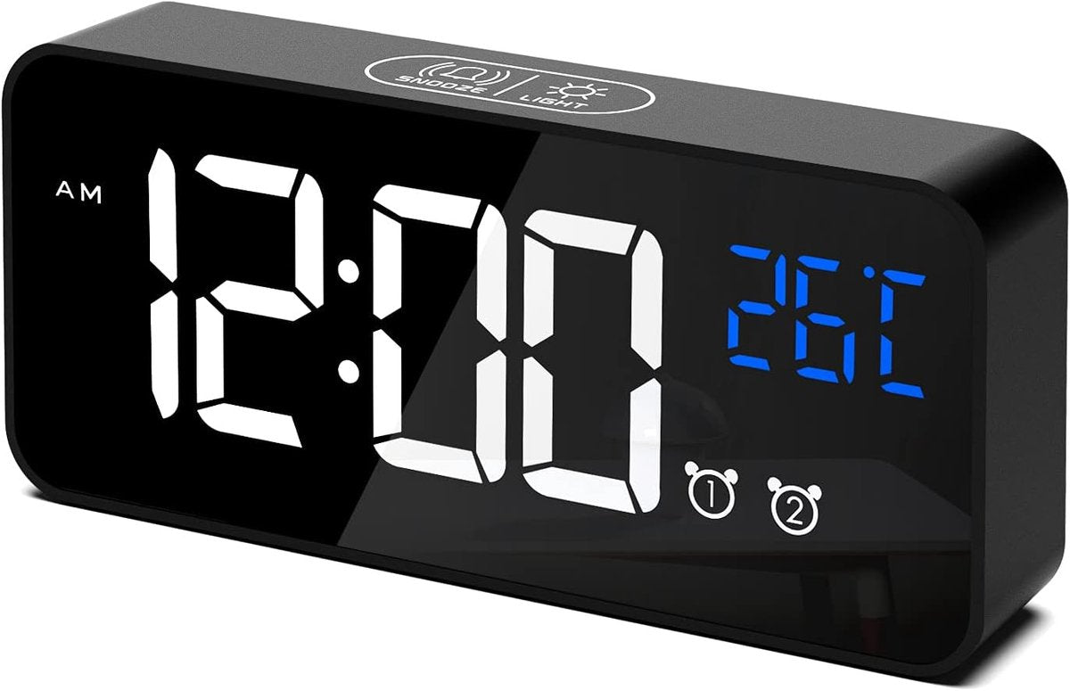 Digital alarm clock, LED digital clock with temperature display, portable mirror alarm clock, 13 alarm tones, V1188-MS-313-0383