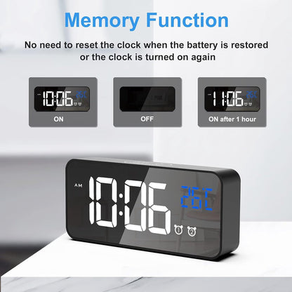 Digital alarm clock, LED digital clock with temperature display, portable mirror alarm clock, 13 alarm tones, V1188-MS-313-0383
