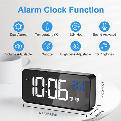 Digital alarm clock, LED digital clock with temperature display, portable mirror alarm clock, 13 alarm tones, V1188-MS-313-0383