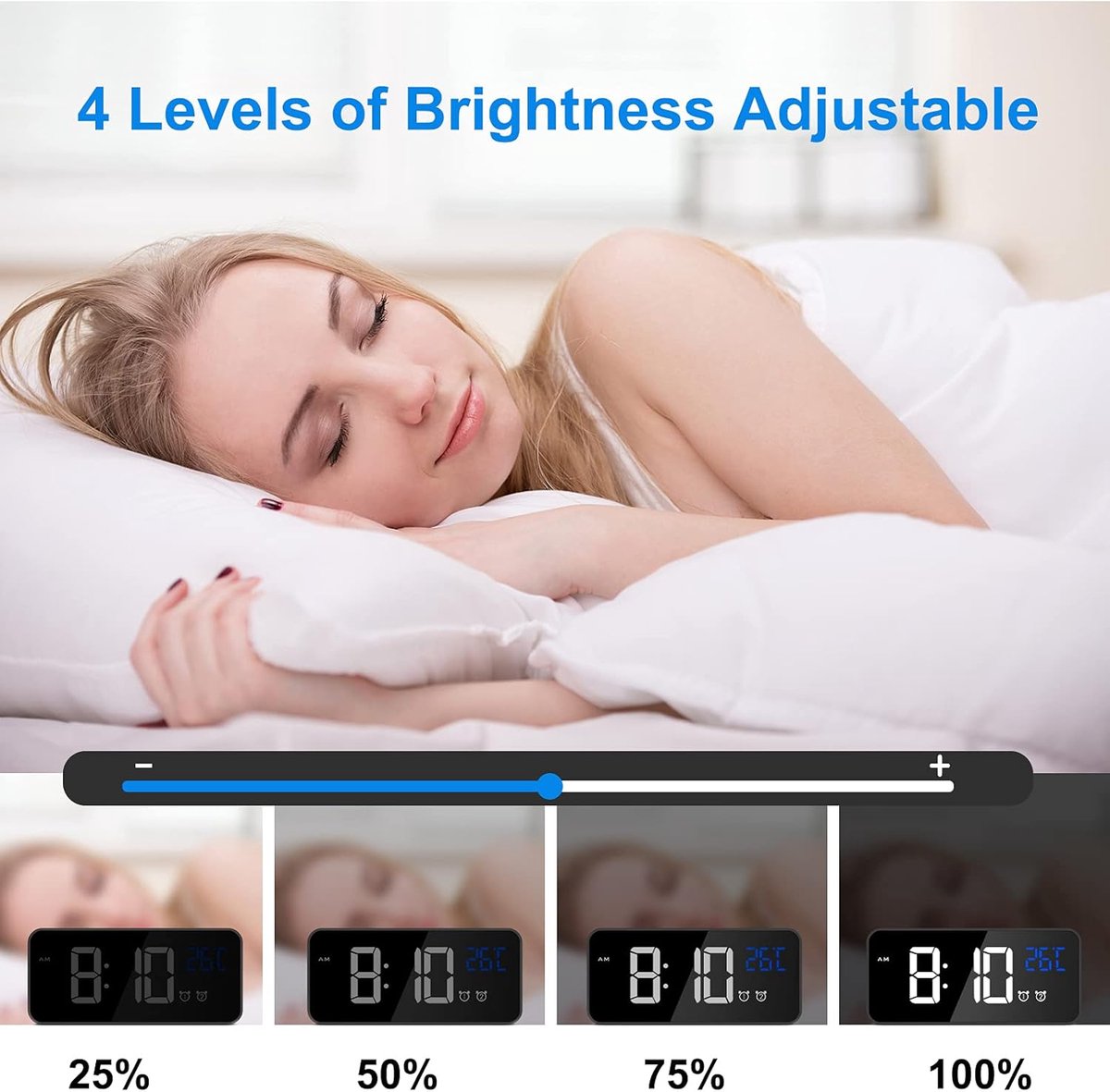Digital alarm clock, LED digital clock with temperature display, portable mirror alarm clock, 13 alarm tones, V1188-MS-313-0383