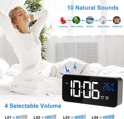 Digital alarm clock, LED digital clock with temperature display, portable mirror alarm clock, 13 alarm tones, V1188-MS-313-0383