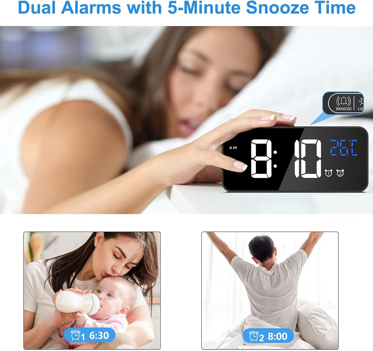Digital alarm clock, LED digital clock with temperature display, portable mirror alarm clock, 13 alarm tones, V1188-MS-313-0383
