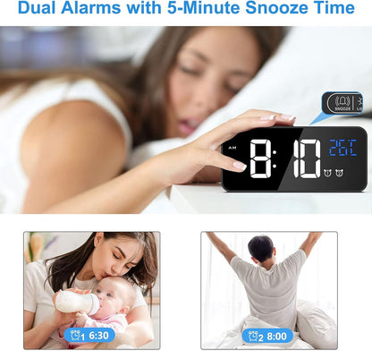 Digital alarm clock, LED digital clock with temperature display, portable mirror alarm clock, 13 alarm tones, V1188-MS-313-0383
