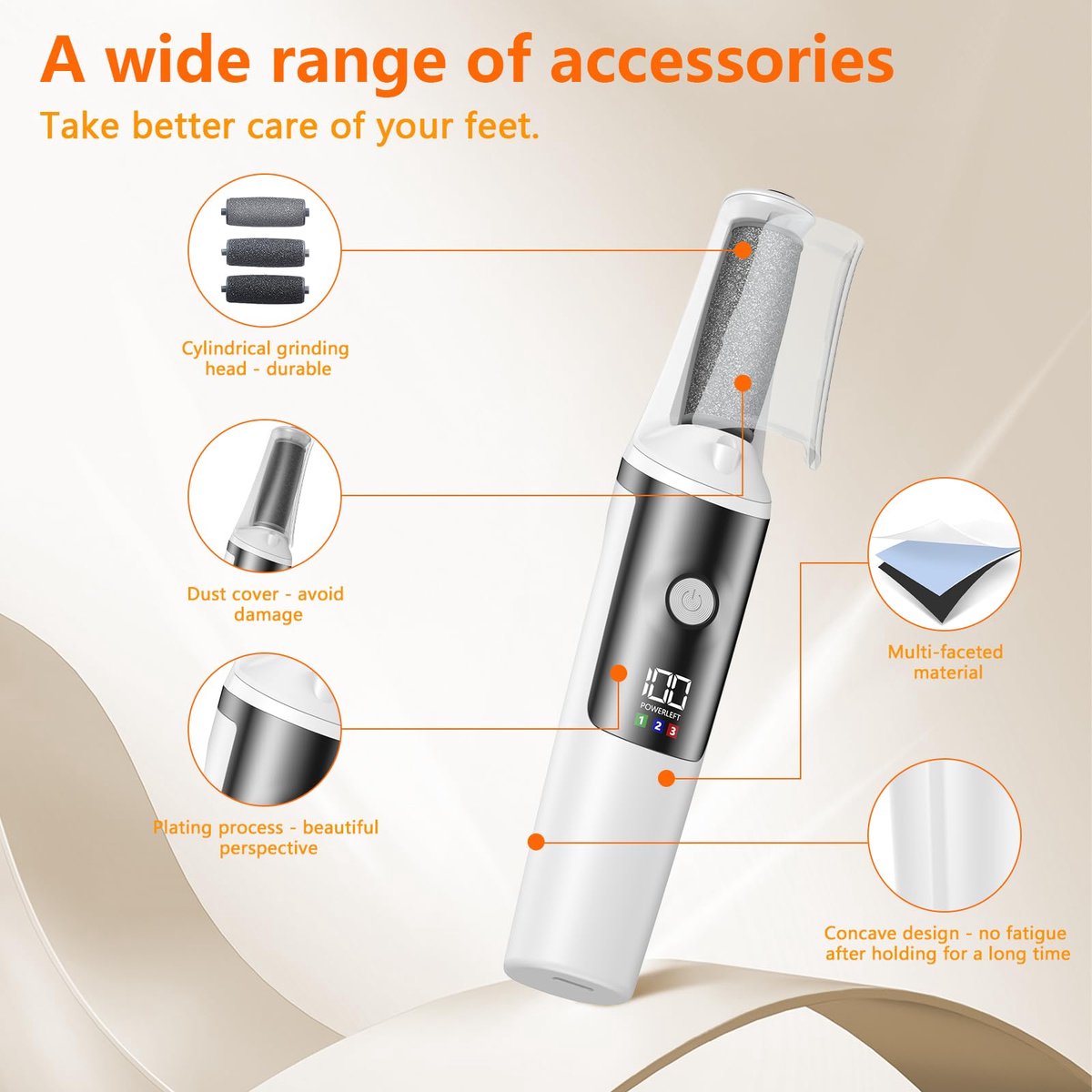 Electric Foot File - Professional Foot File - Pack of 10 - 3 Adjustable Speeds - For Dead Skin and Calluses - V1188-MS-313-0389
