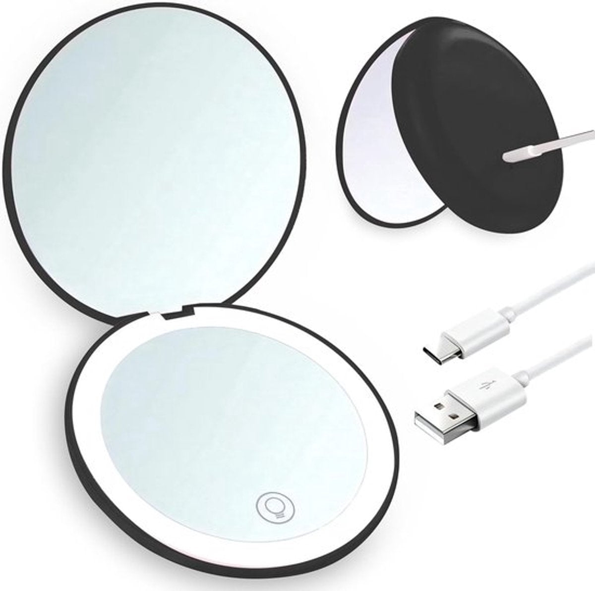 Double-sided makeup mirror with 10x magnifying LED lighting and adjustable brightness. Small, illuminated V1188-MS-313-0398
