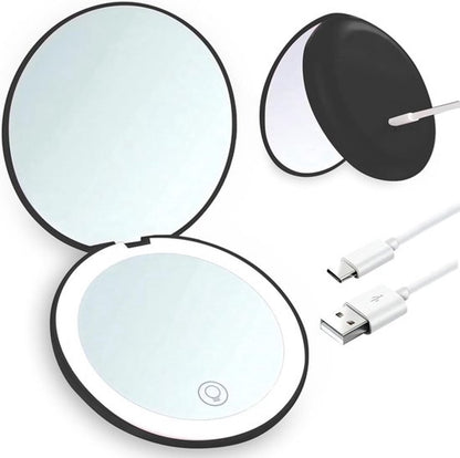 Double-sided makeup mirror with 10x magnifying LED lighting and adjustable brightness. Small, illuminated V1188-MS-313-0398