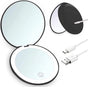 Double-sided makeup mirror with 10x magnifying LED lighting and adjustable brightness. Small, illuminated V1188-MS-313-0398