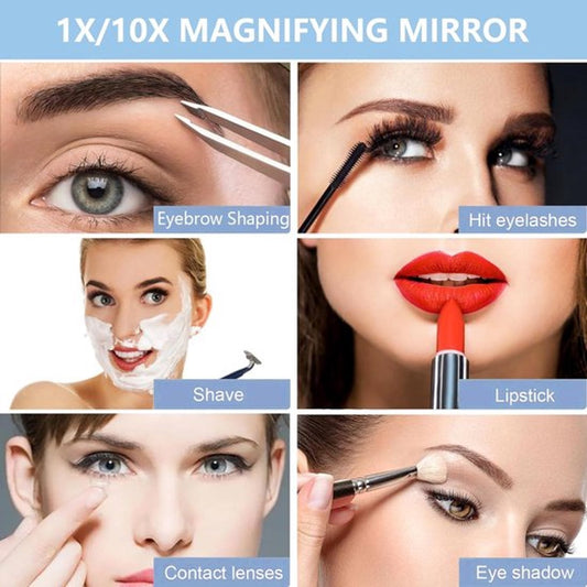 Double-sided makeup mirror with 10x magnifying LED lighting and adjustable brightness. Small, illuminated V1188-MS-313-0398