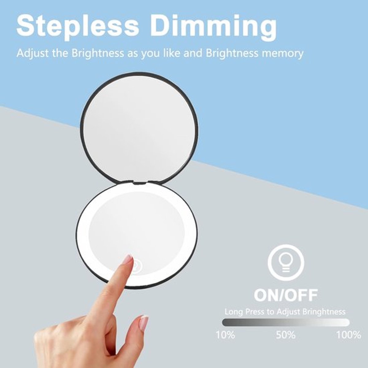 Double-sided makeup mirror with 10x magnifying LED lighting and adjustable brightness. Small, illuminated V1188-MS-313-0398