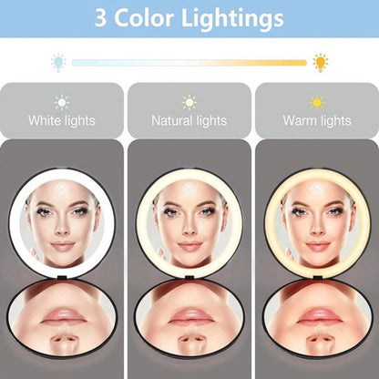 Double-sided makeup mirror with 10x magnifying LED lighting and adjustable brightness. Small, illuminated V1188-MS-313-0398