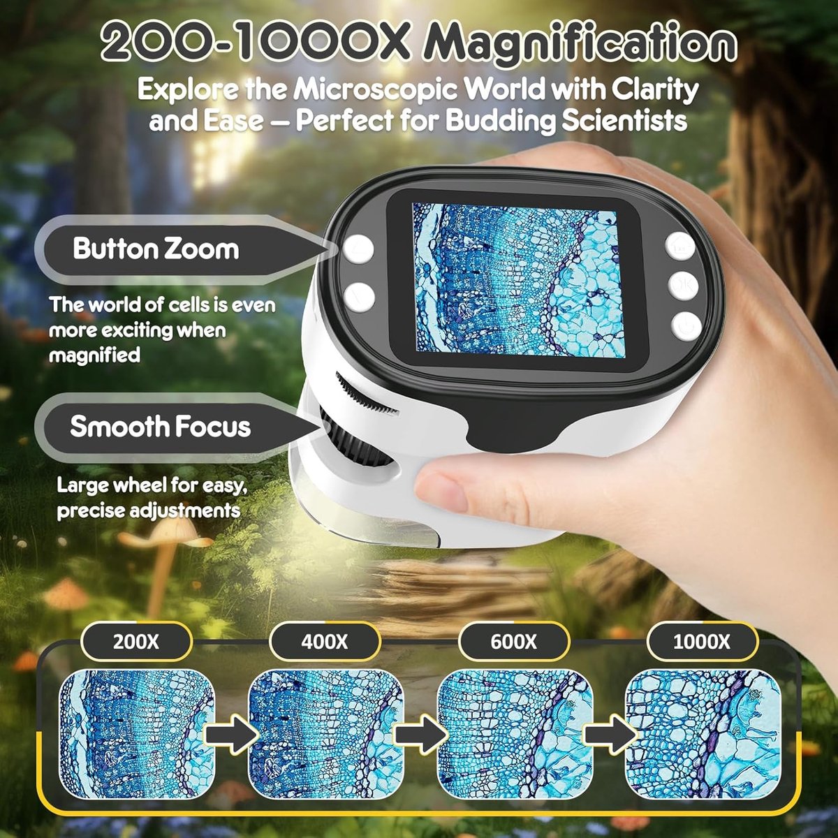Children's Microscope - 1000X Portable Digital Microscope - 0-inch Screen - Rechargeable - With Slide Set - V1188-MS-313-0399