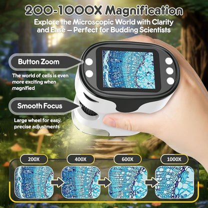 Children's Microscope - 1000X Portable Digital Microscope - 0-inch Screen - Rechargeable - With Slide Set - V1188-MS-313-0399