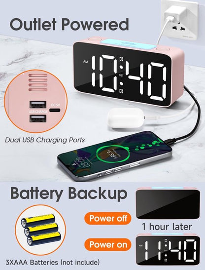 Digital Night Light - Klok Extra Powerful - 7 Colors - Ideal for Heavy Sleepers - Adjustable Volume and USB V1188-MS-313-0412