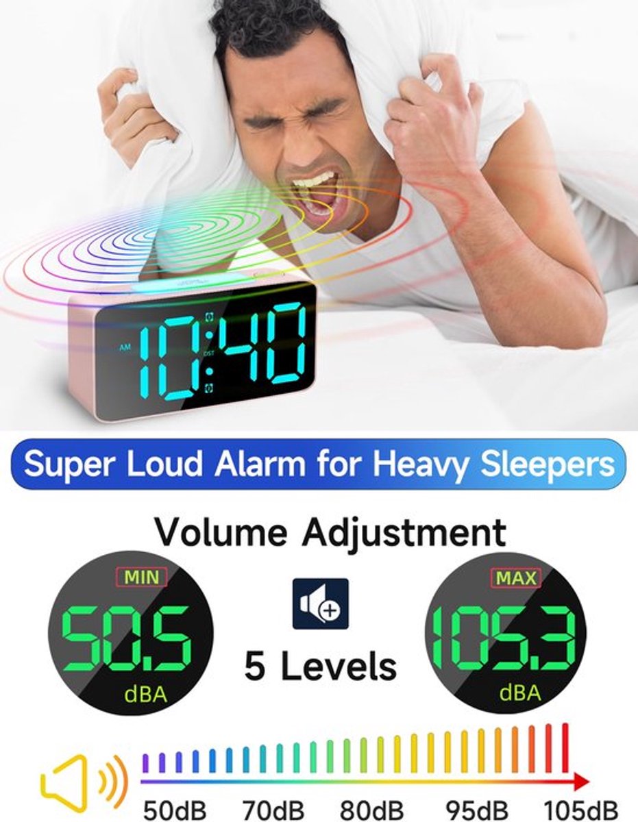 Digital Night Light - Klok Extra Powerful - 7 Colors - Ideal for Heavy Sleepers - Adjustable Volume and USB V1188-MS-313-0412