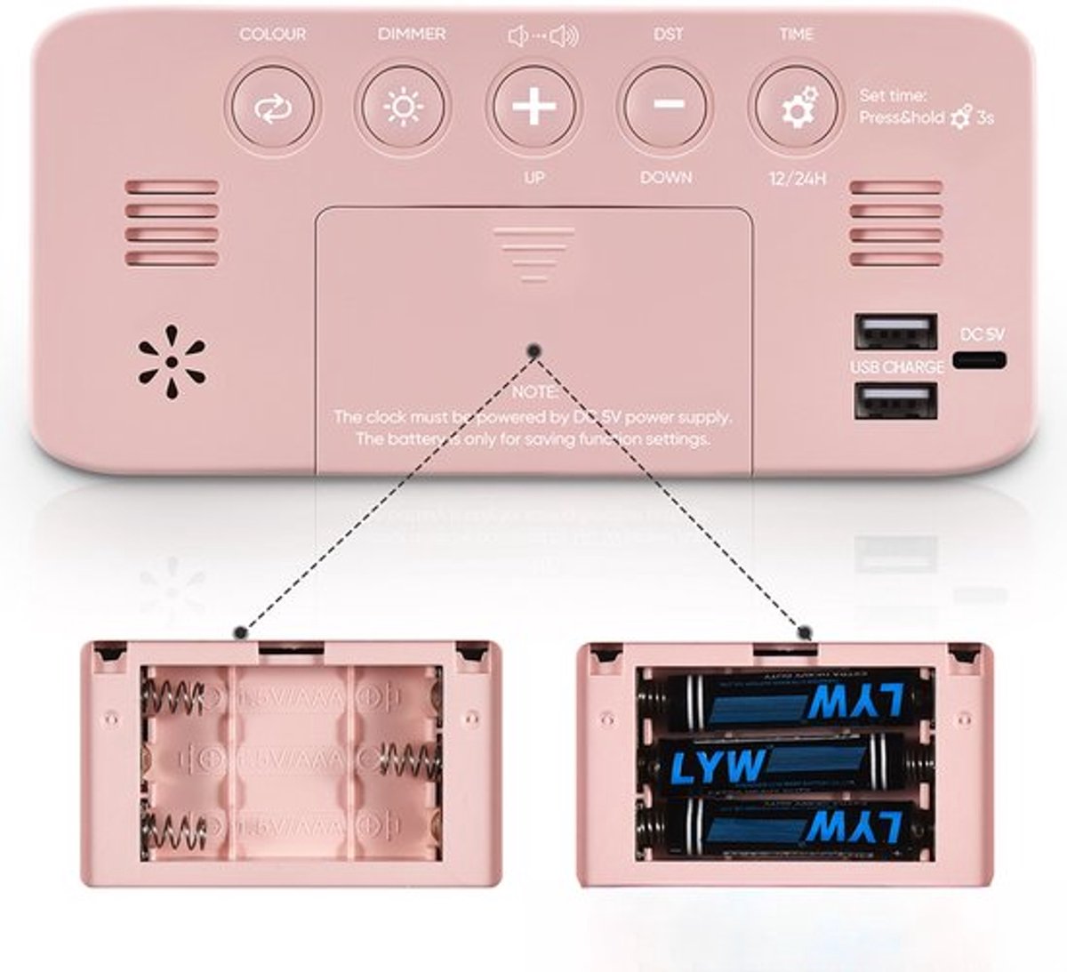 Digital Night Light - Klok Extra Powerful - 7 Colors - Ideal for Heavy Sleepers - Adjustable Volume and USB V1188-MS-313-0412
