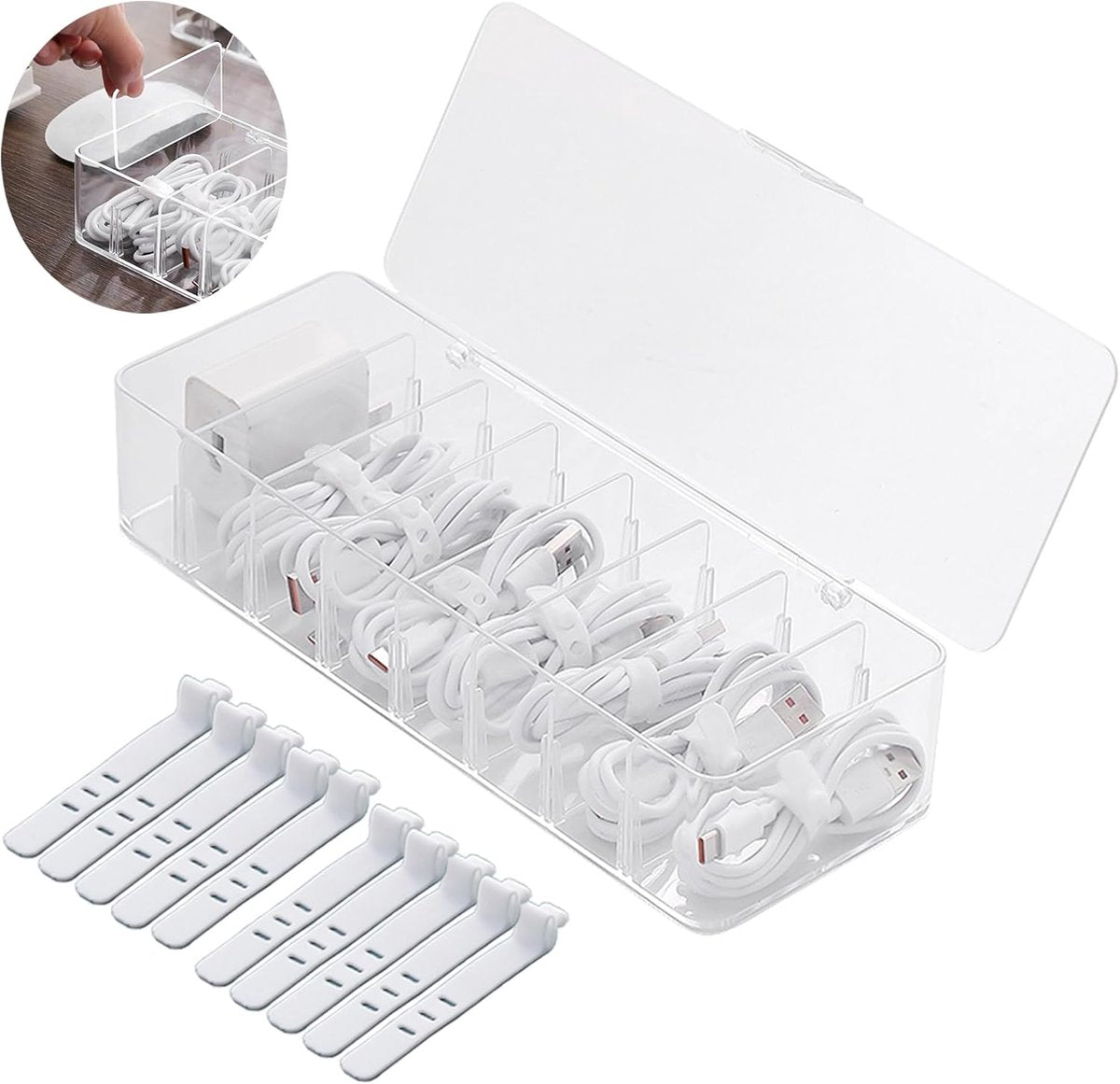 Cable storage box - Cable organizer with 10 cable ties - Cable storage box - Clear plastic storage box for V1188-MS-313-0459