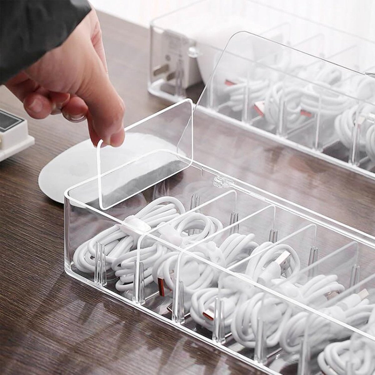 Cable storage box - Cable organizer with 10 cable ties - Cable storage box - Clear plastic storage box for V1188-MS-313-0459