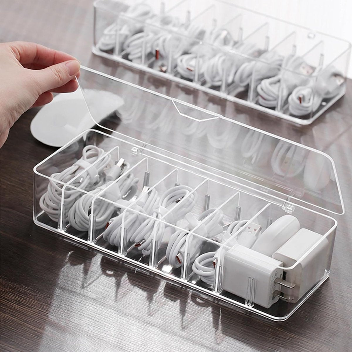 Cable storage box - Cable organizer with 10 cable ties - Cable storage box - Clear plastic storage box for V1188-MS-313-0459